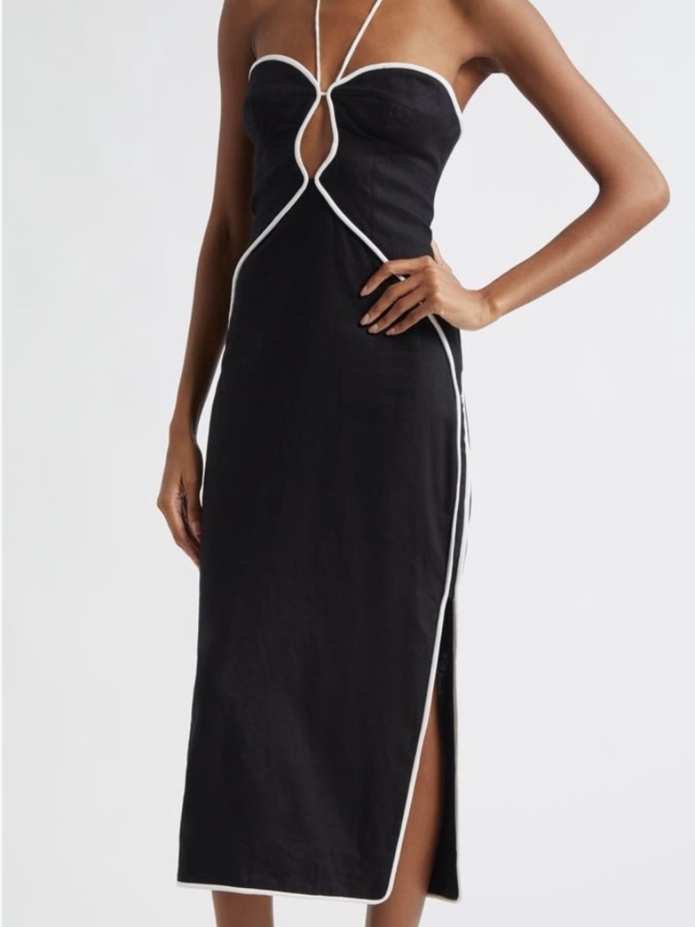 FARM Rio Contrast Detail Center Cutout Linen Blend Midi Dress